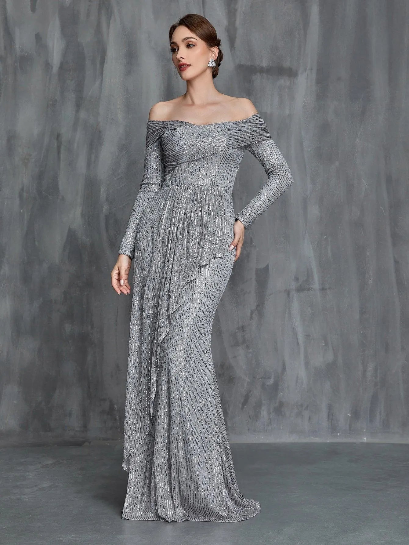 Womens' Off Shoulder Long Sleeves Sequin Formal Dress