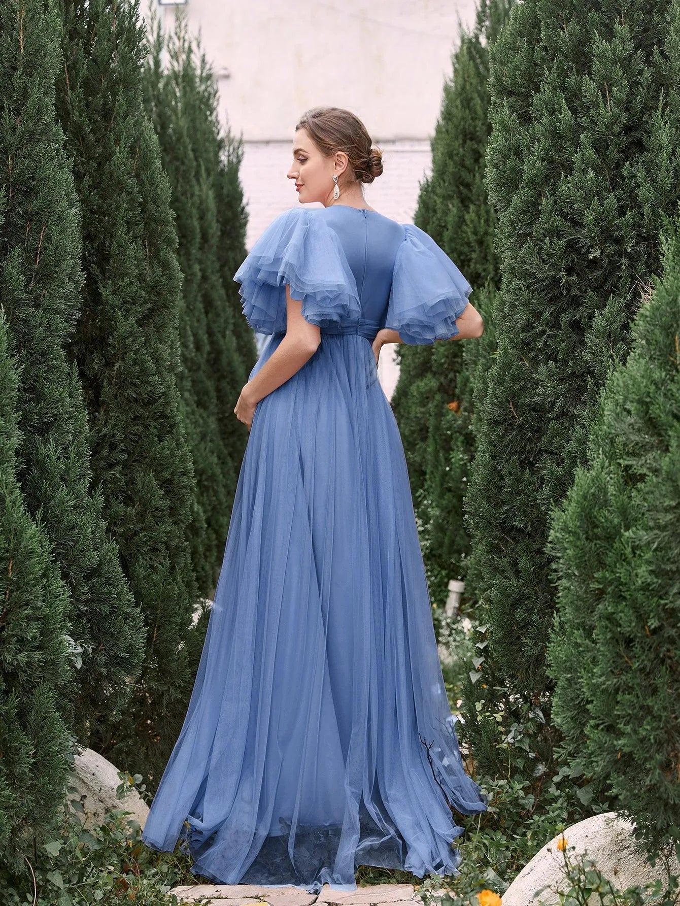 Maternity V Neck Layered Ruffle Sleeves Split Prom Dress