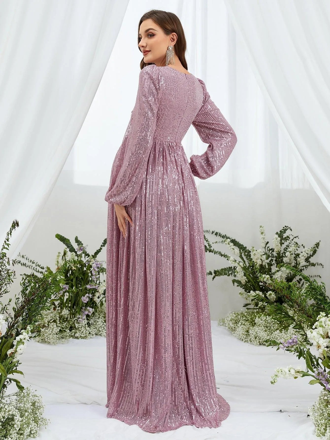 Maternity Ruched Bust Lantern Sleeve Sequin Party Dress