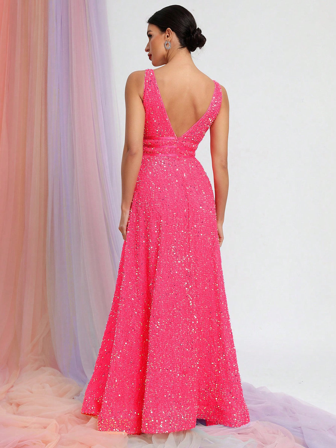 Elegant V Neck Sleeveless Sequin A-line Dresses