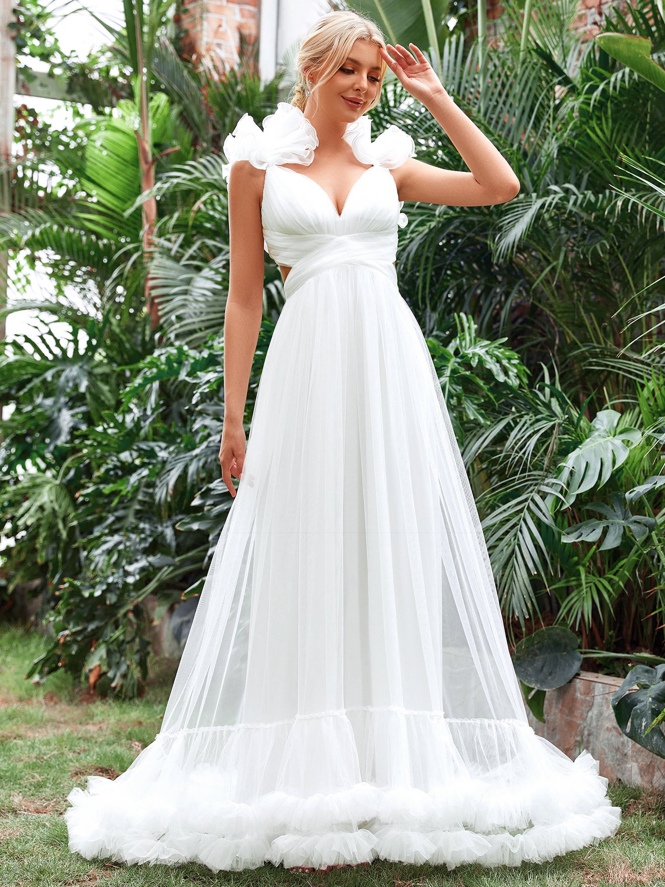 Backless Lace Up Ruffle Trim Cami Wedding Dress