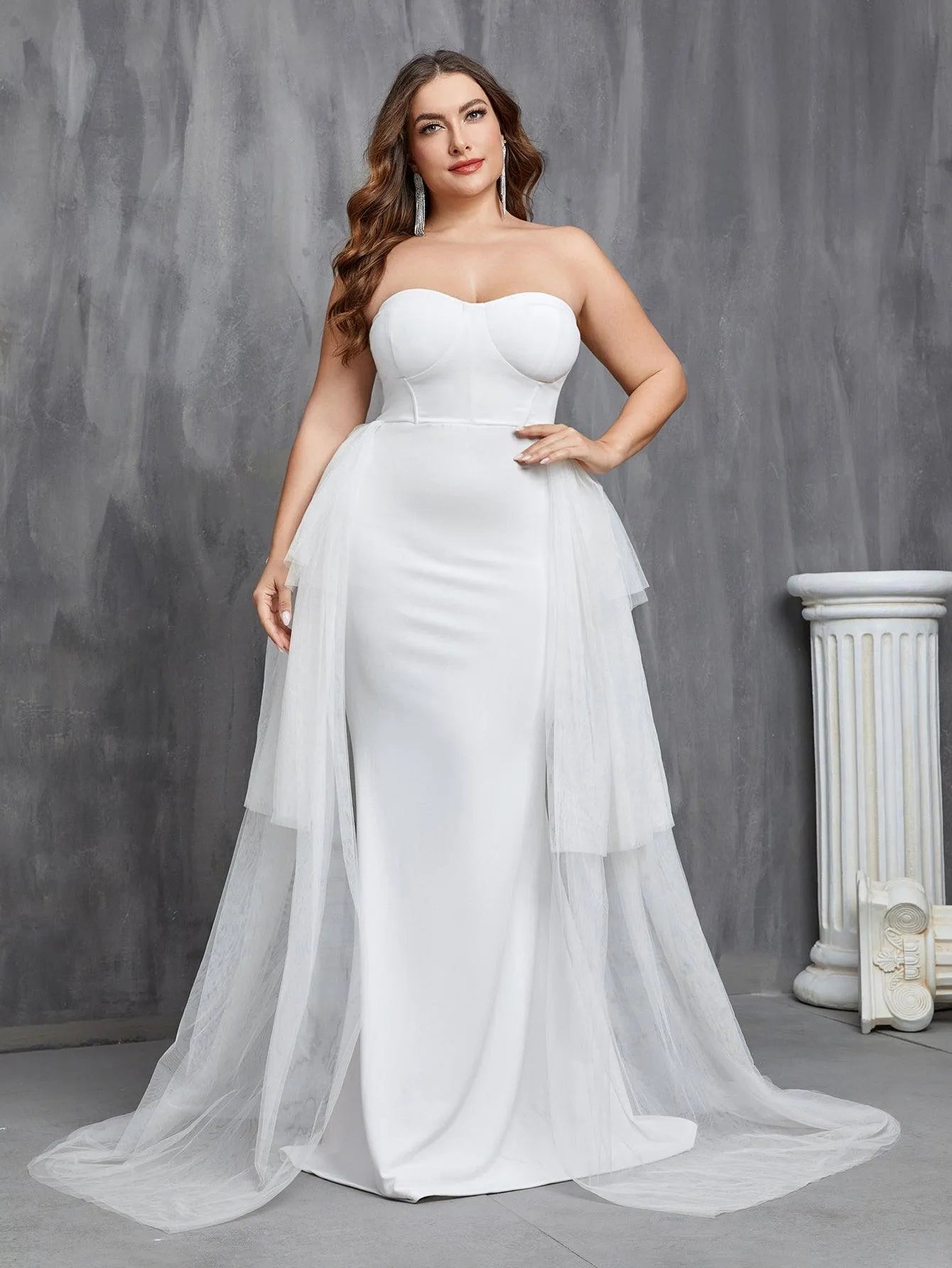 Plus Mesh Overlay Mermaid Hem Tube Wedding Dress