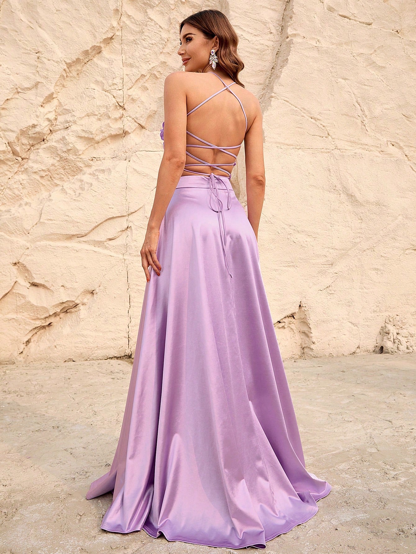 Back Lace Up 3D Flower Tube Top & Satin Slit Skirt