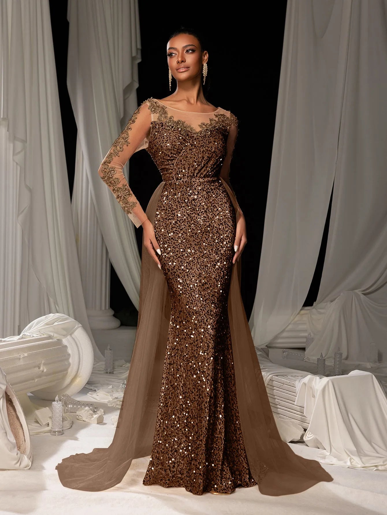 Elegant Sheer Sleeves Mesh Train Sequin Evening Dress