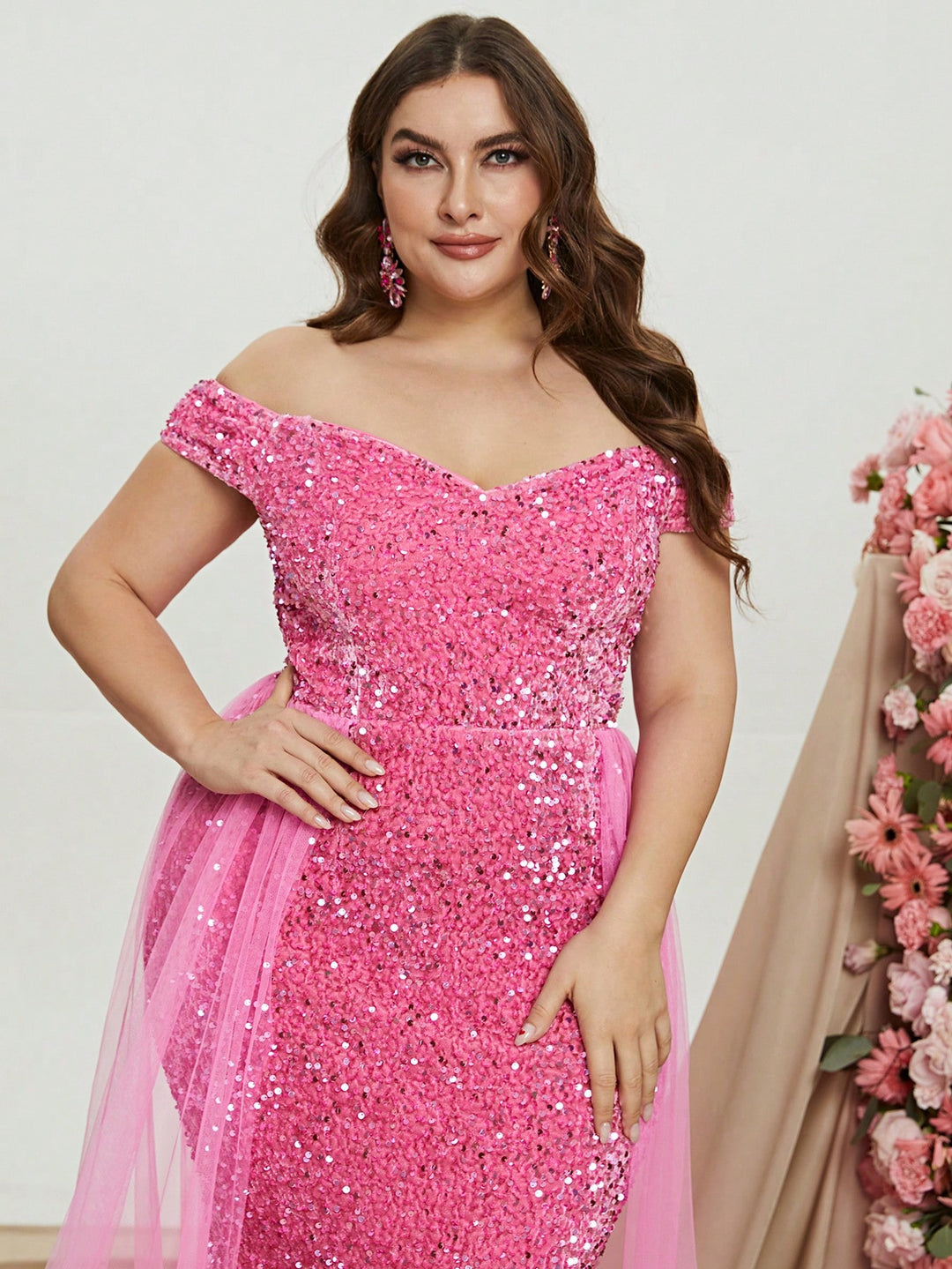 Plus Size Off Shoulder Mesh Layer on Waist Sequin Dresses