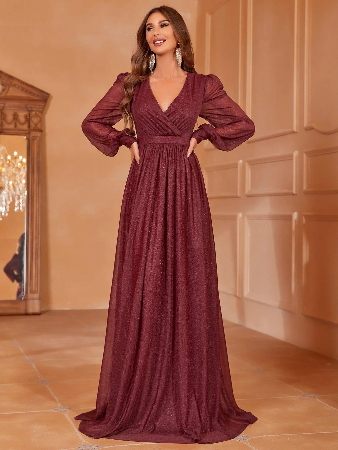 Elegant V Neck Lantern Sleeves Maxi A Line Dress