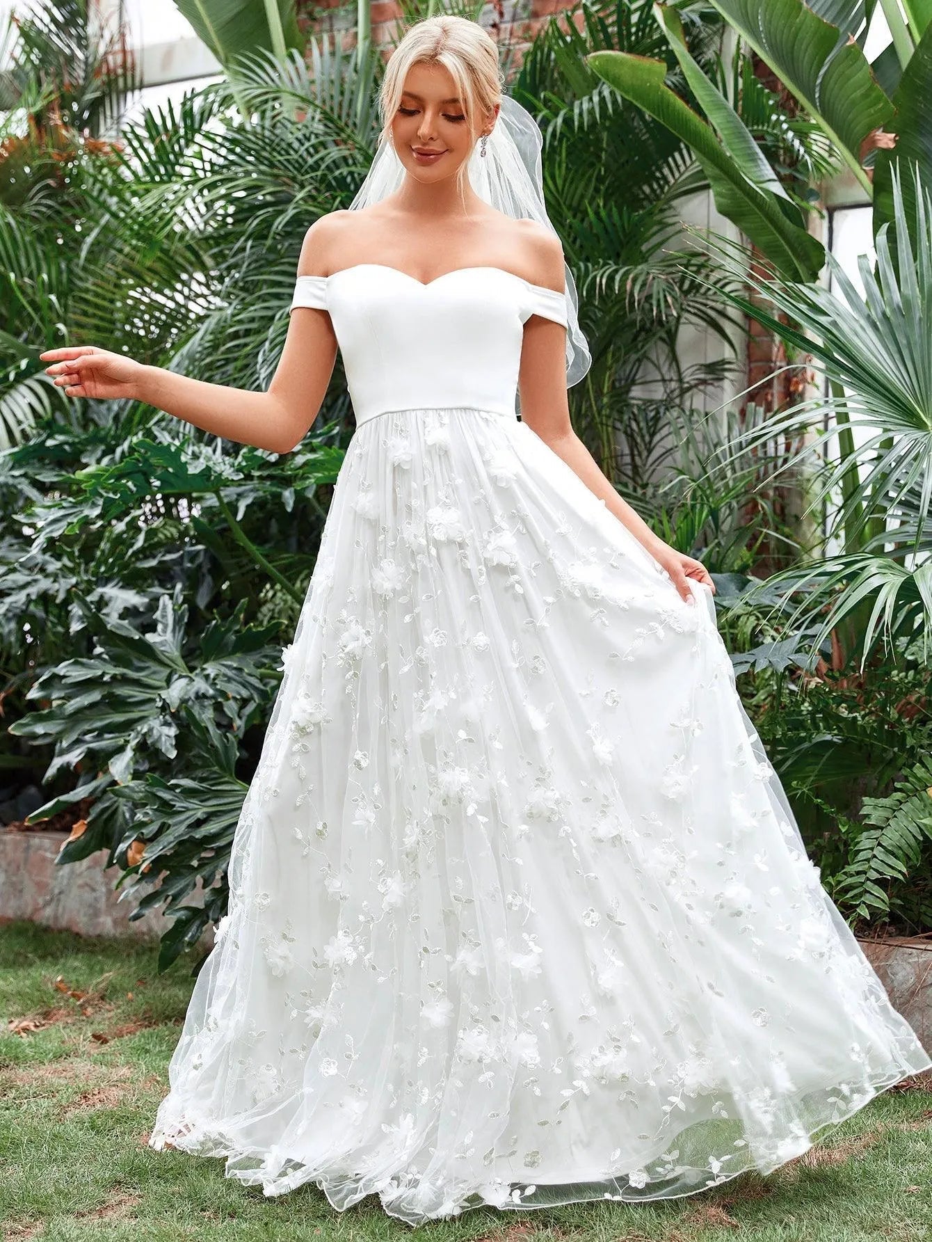 Off Shoulder Floral Applique Mesh Wedding Dress