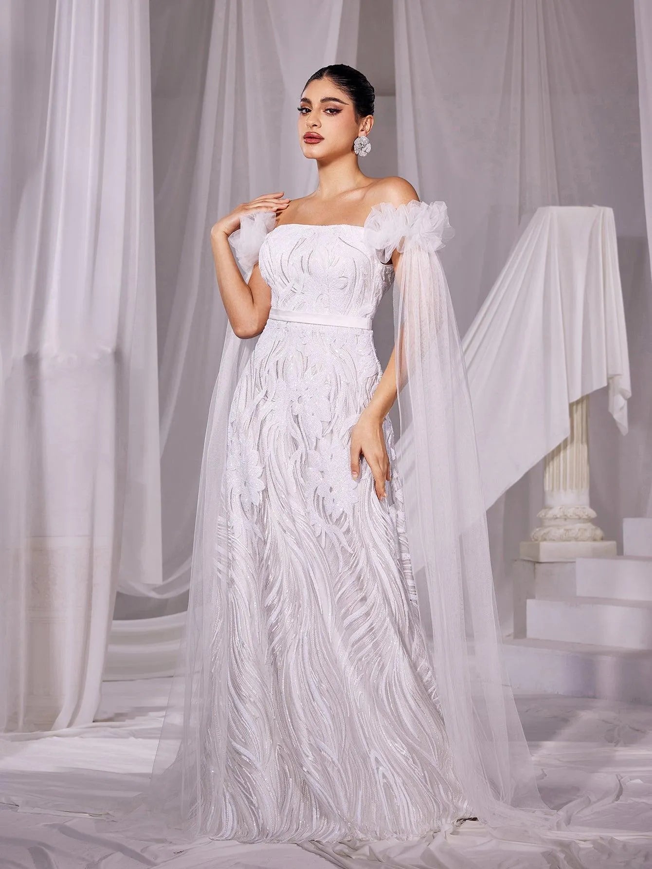 Elegant Off Shoulder Cloak Sleeves Wedding Dress