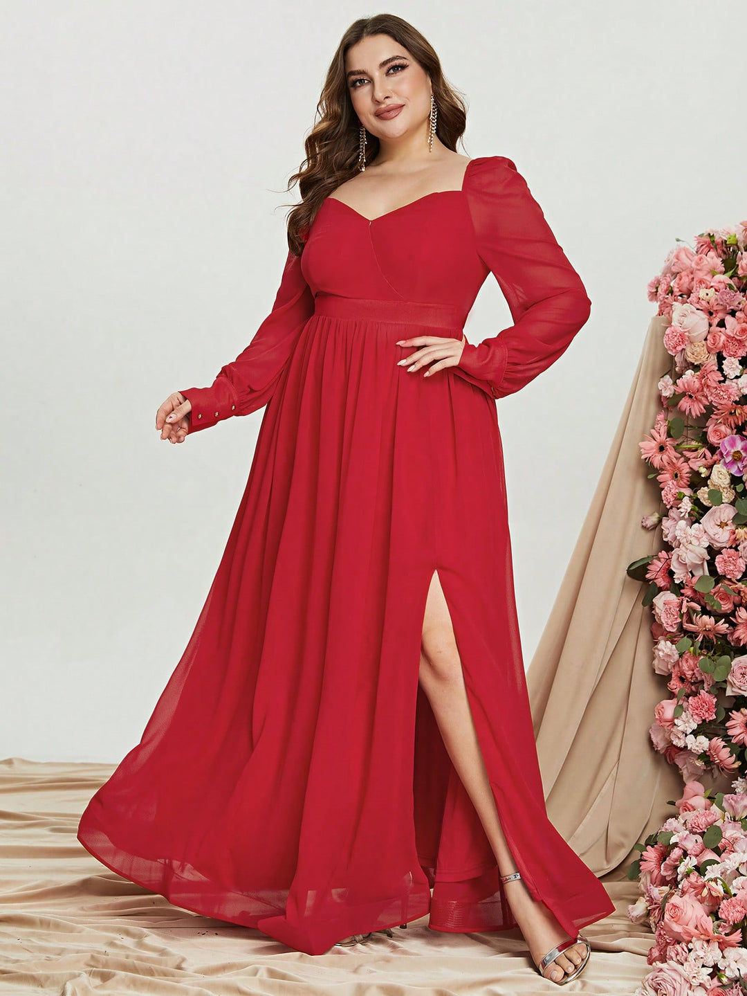 Plus Size Sweetheart Backless Long Sleeve Chiffon A line Dresses