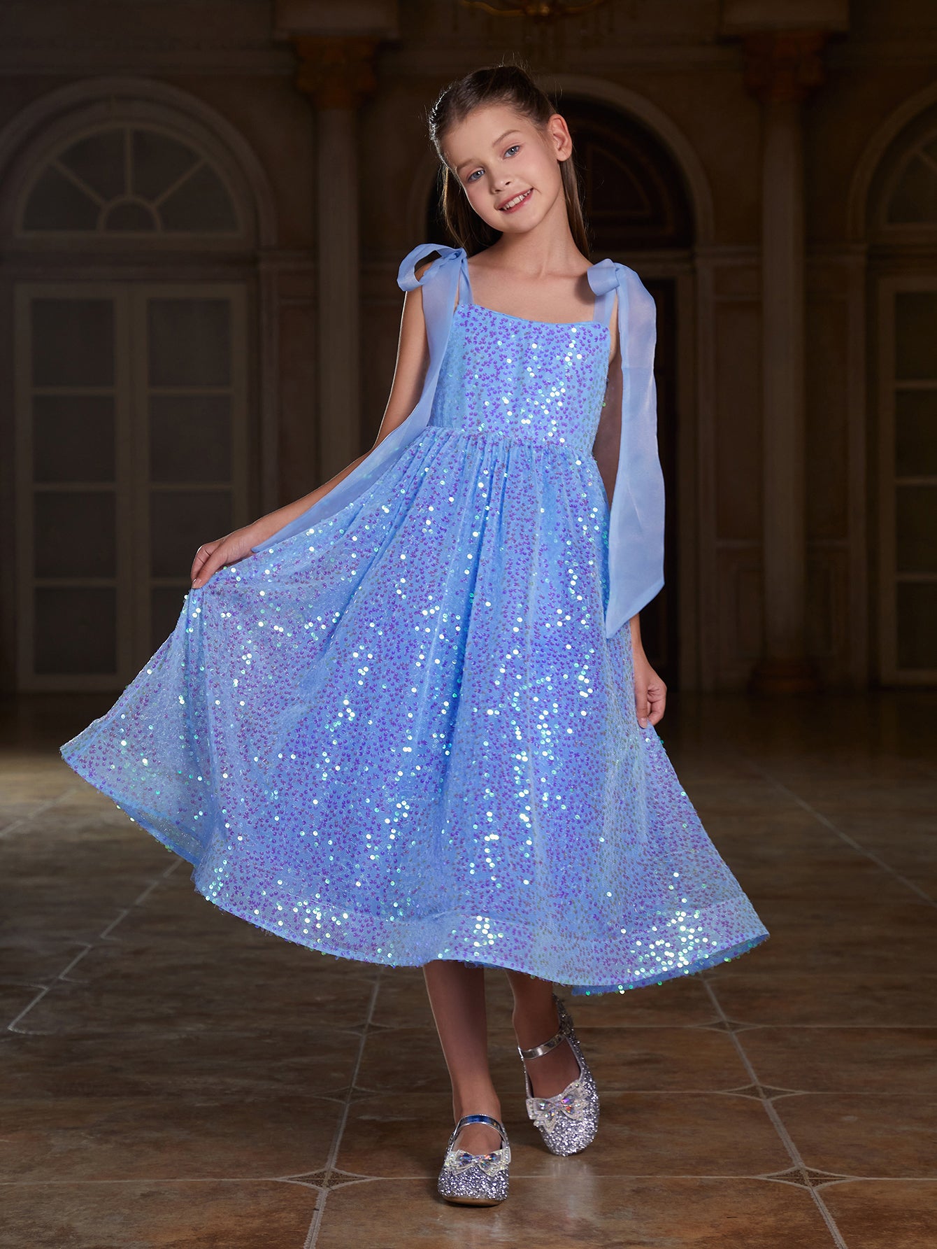 Girl's Tie Shoulder Sequin Party Dress