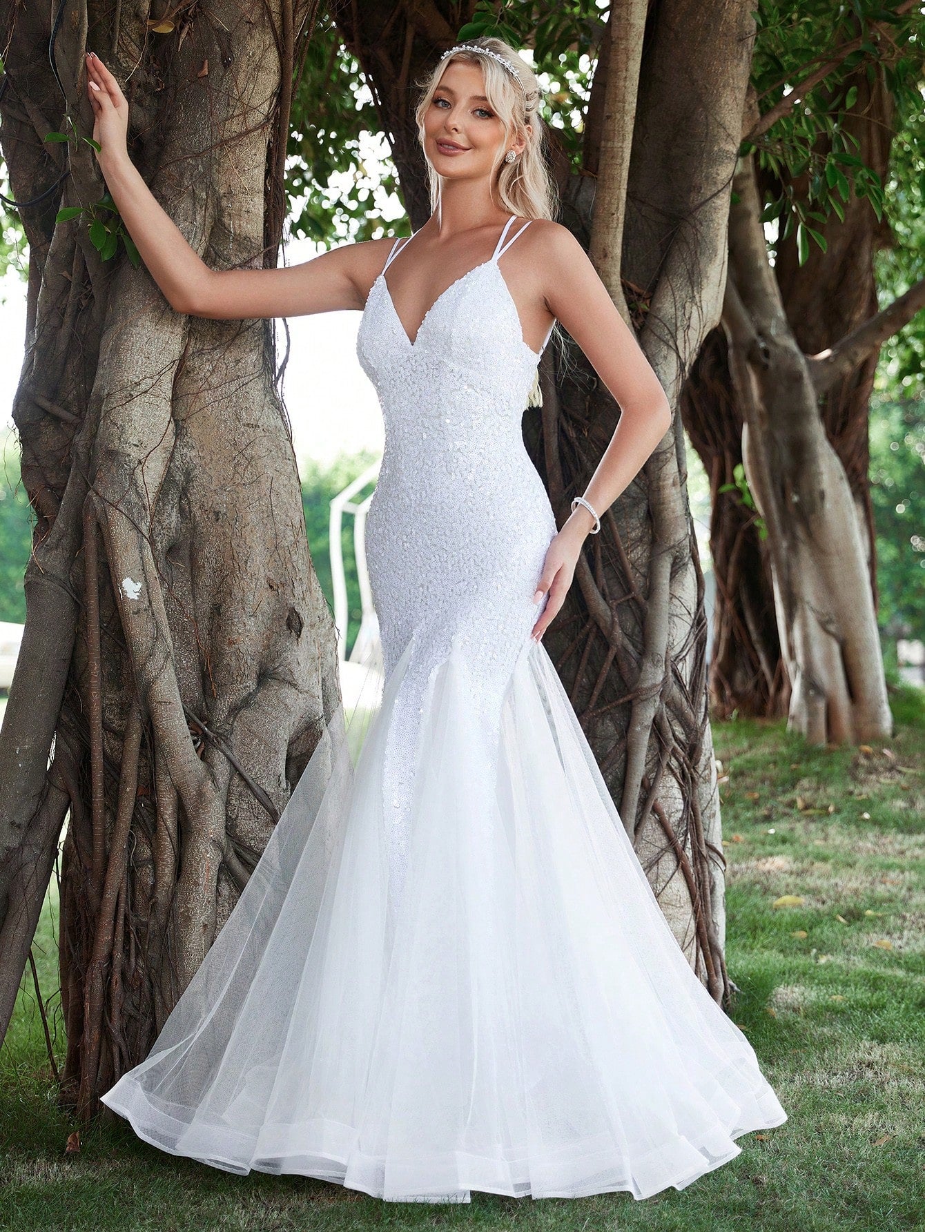 Lace Up Backless Mermaid Hem Sequin Cami Wedding Dresses