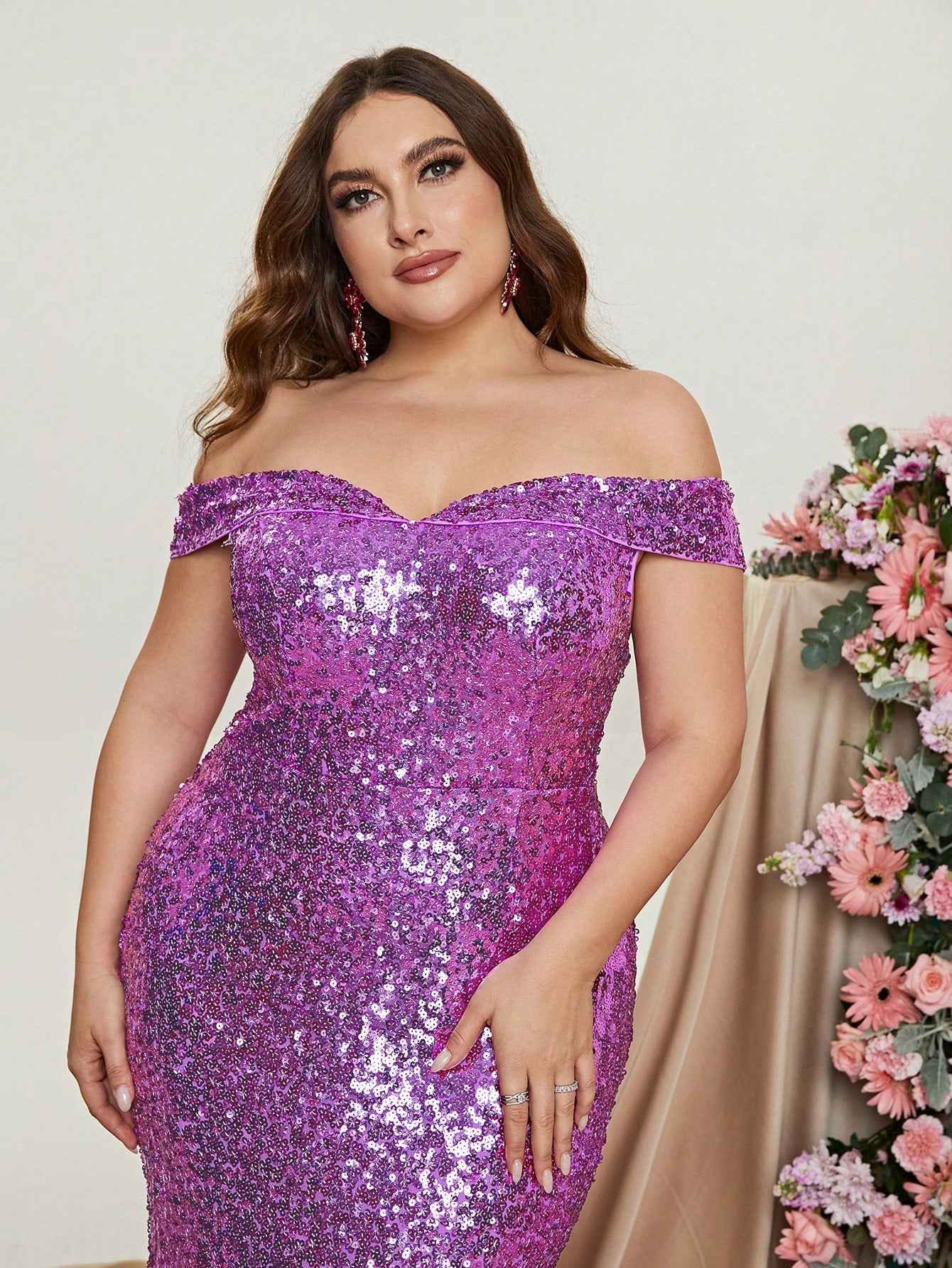 Plus Off Shoulder Sleeveless Mesh Insert Sequin Mermaid Dress