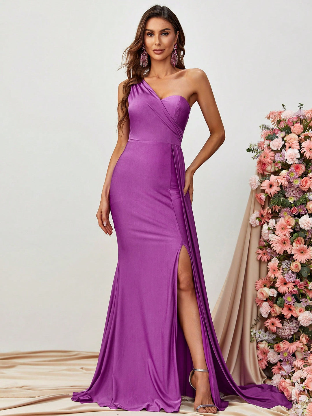 Elegant One Shoulder Sleeveless Satin Slit Dress