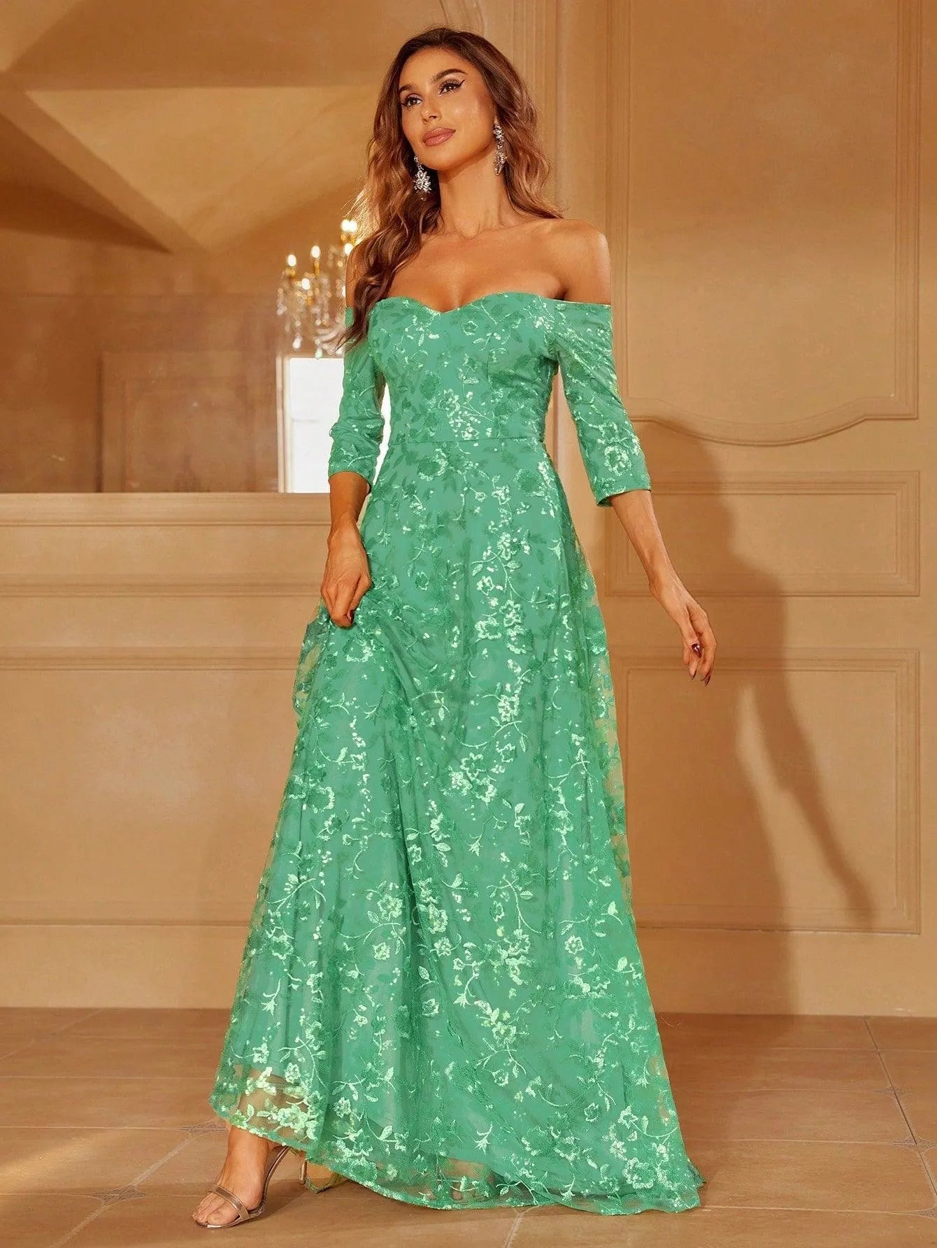 Off Shoulder Sequin Embroidered A Line Prom Dress