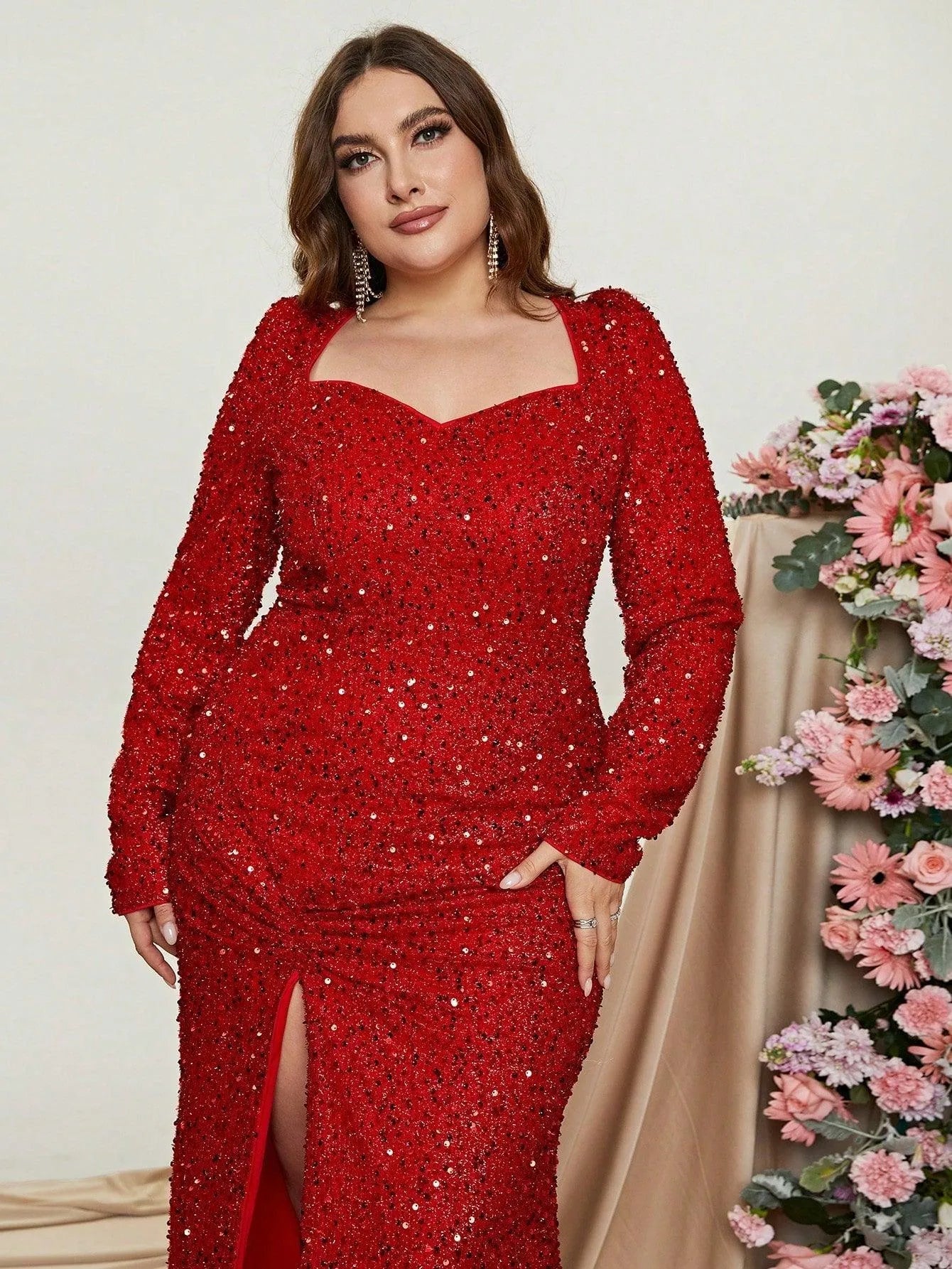 Plus Sweetheart Neck Long Sleeve Sequin Slit Dress