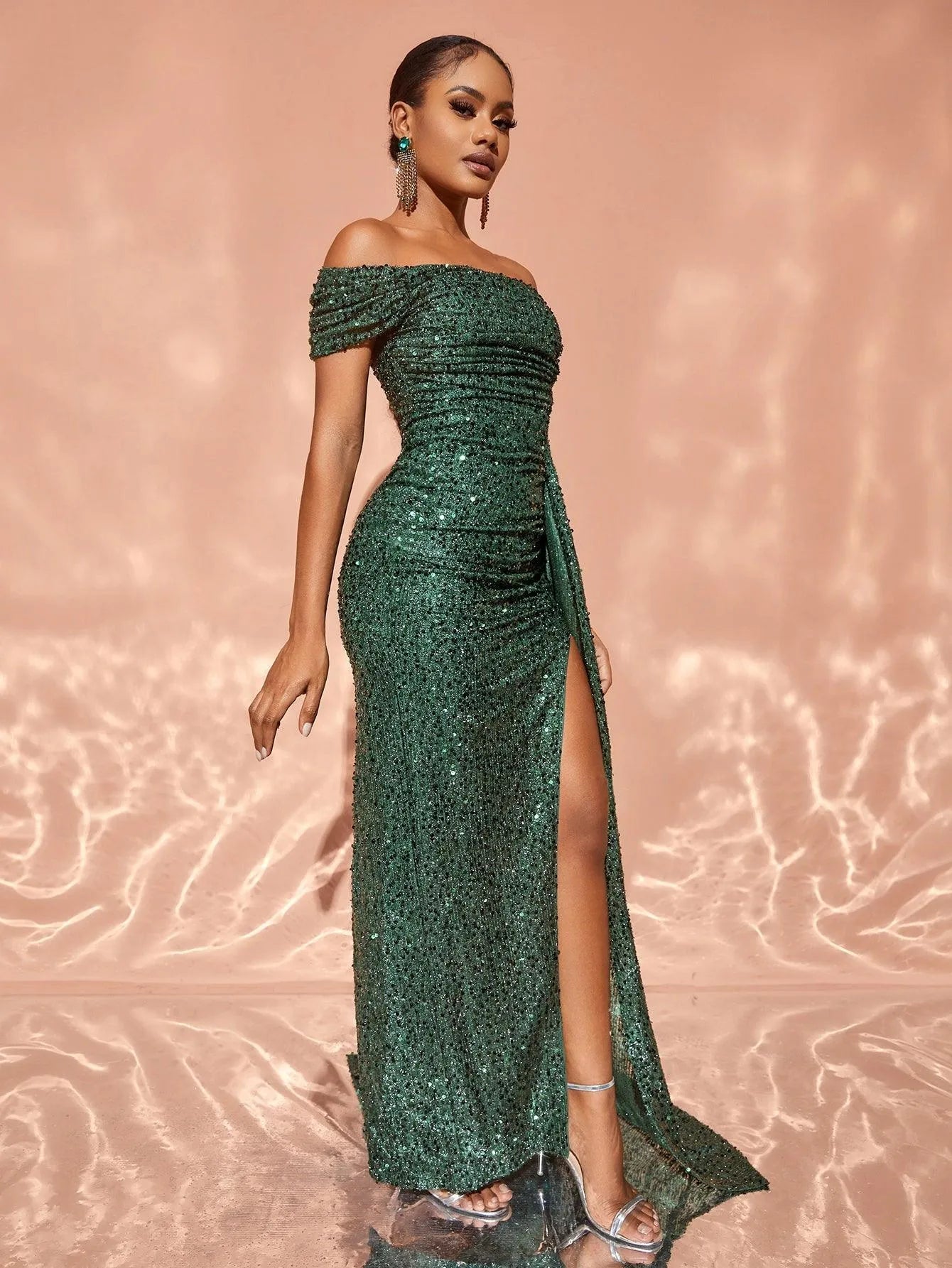 Chic Off Shoulder Draped Side Sequin Party Dress