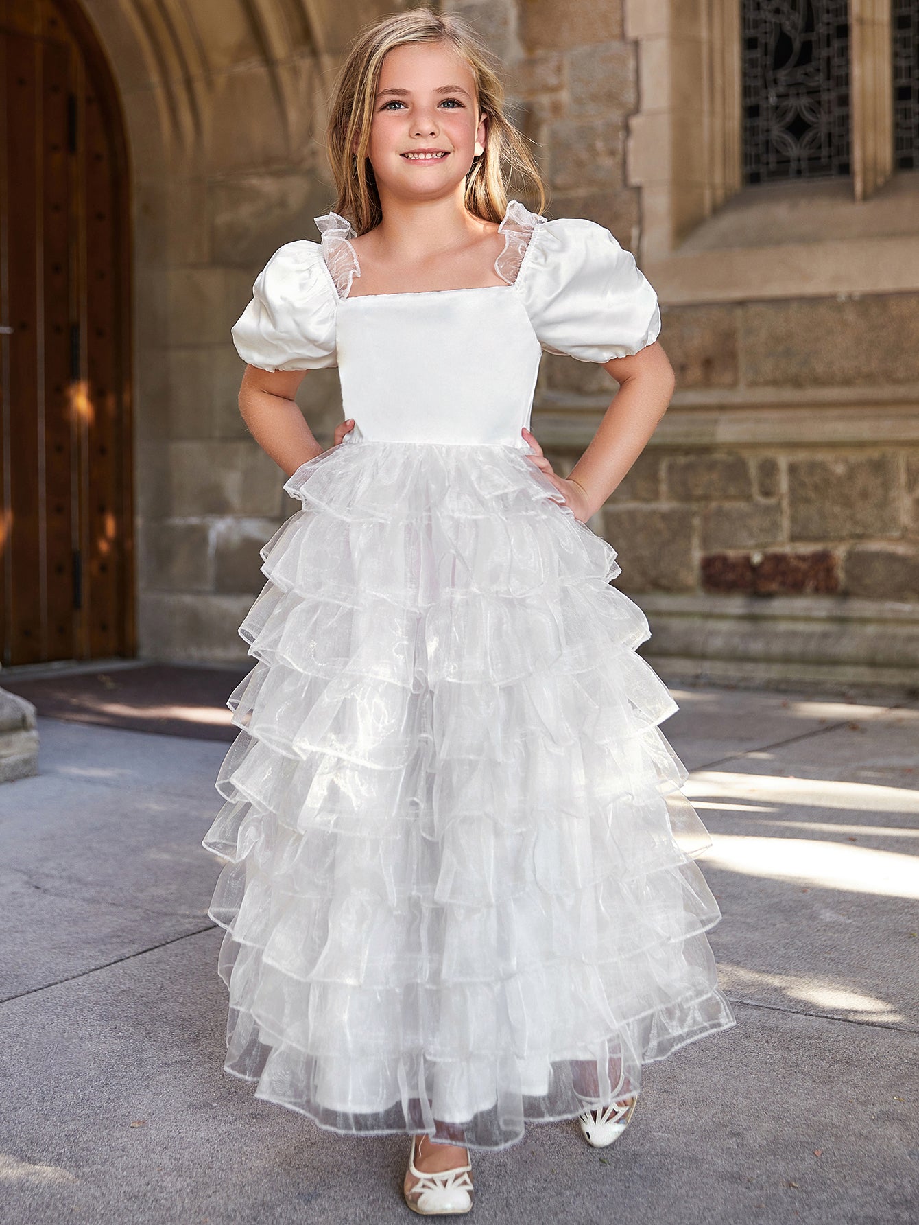 Girl's Puff Sleeve Organza Layered Hem Cake Dress