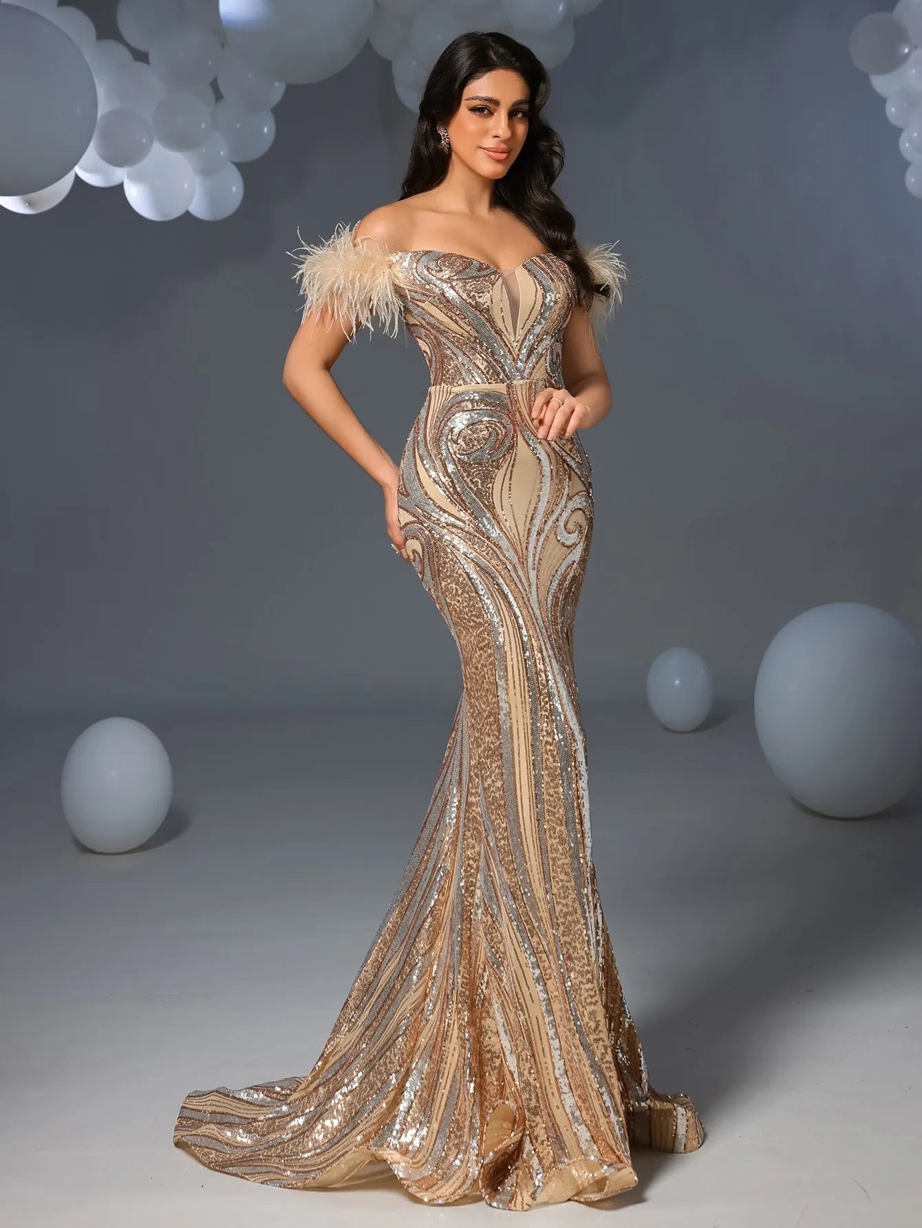 Luxury Feather Decoration Off Shoulder Mermaid Hem Graphic Sequin Evening Dress