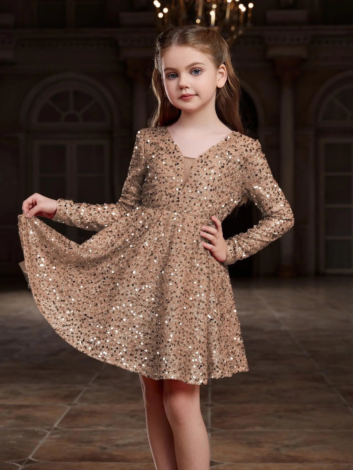 Tween Girls' V Neck Backless Sequin Party Dress