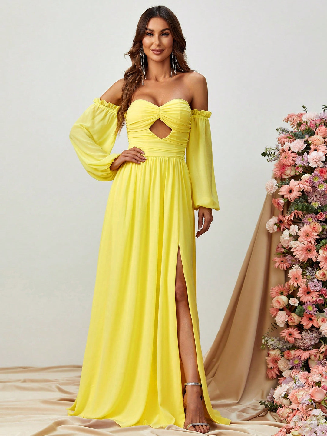 Elegant Off Shoulder Cut Out Ruched Split Thigh A Line Dress