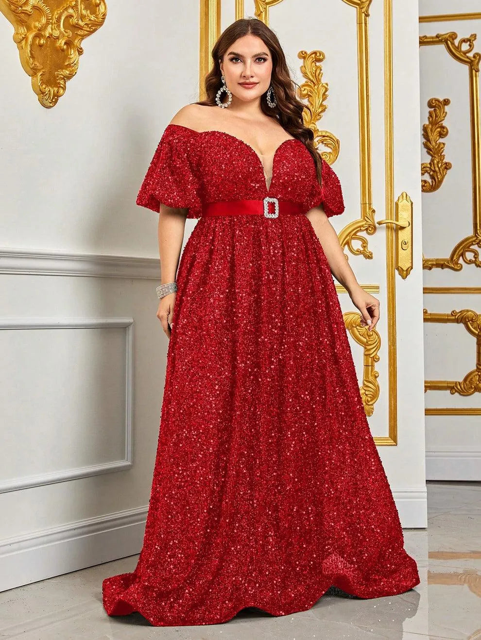 Plus Off Shoulder Puff Sleeves Sequin Formal Dress