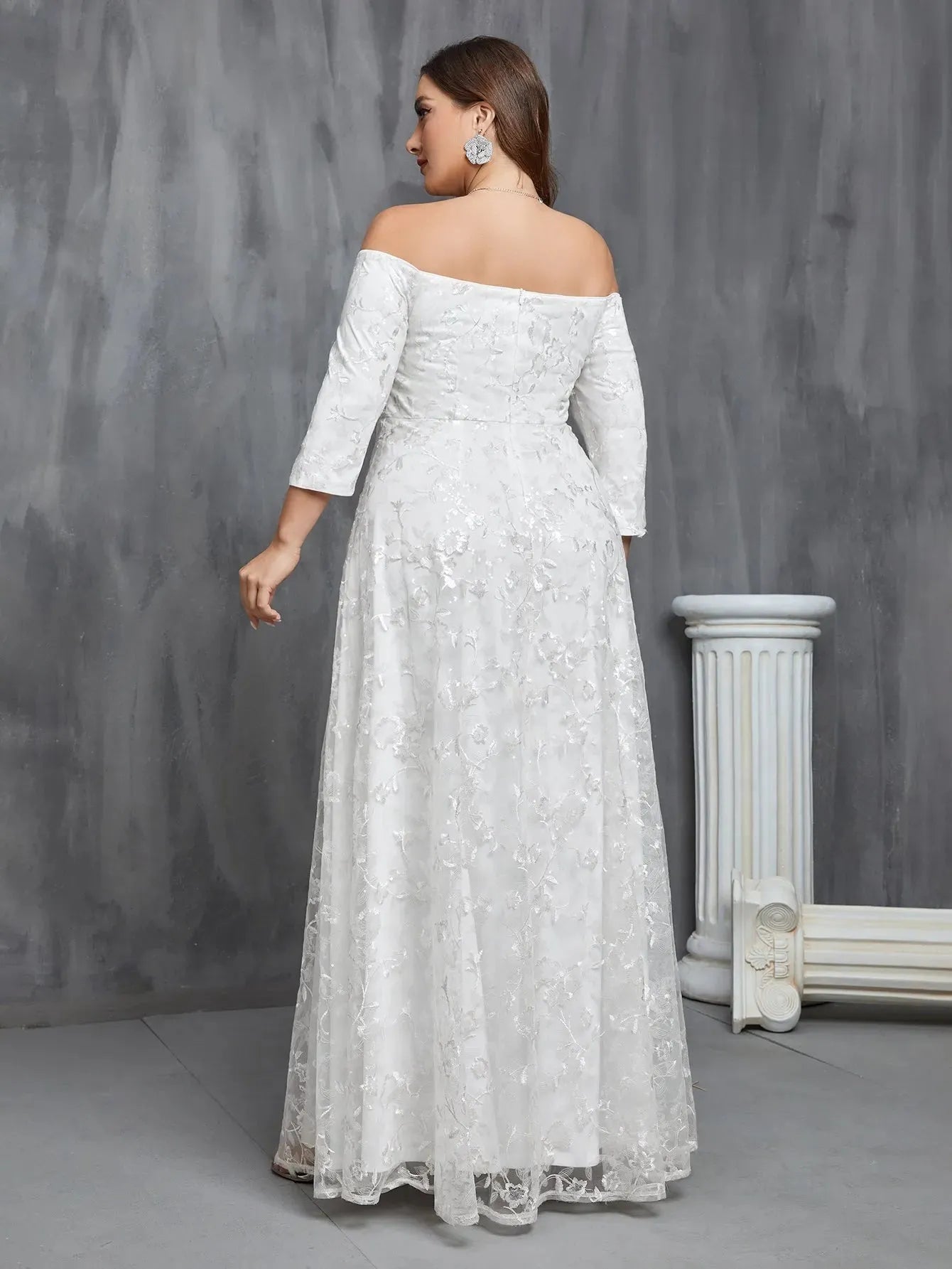 Plus Off Shoulder 3/4 Sleeves Sequin Wedding Dress