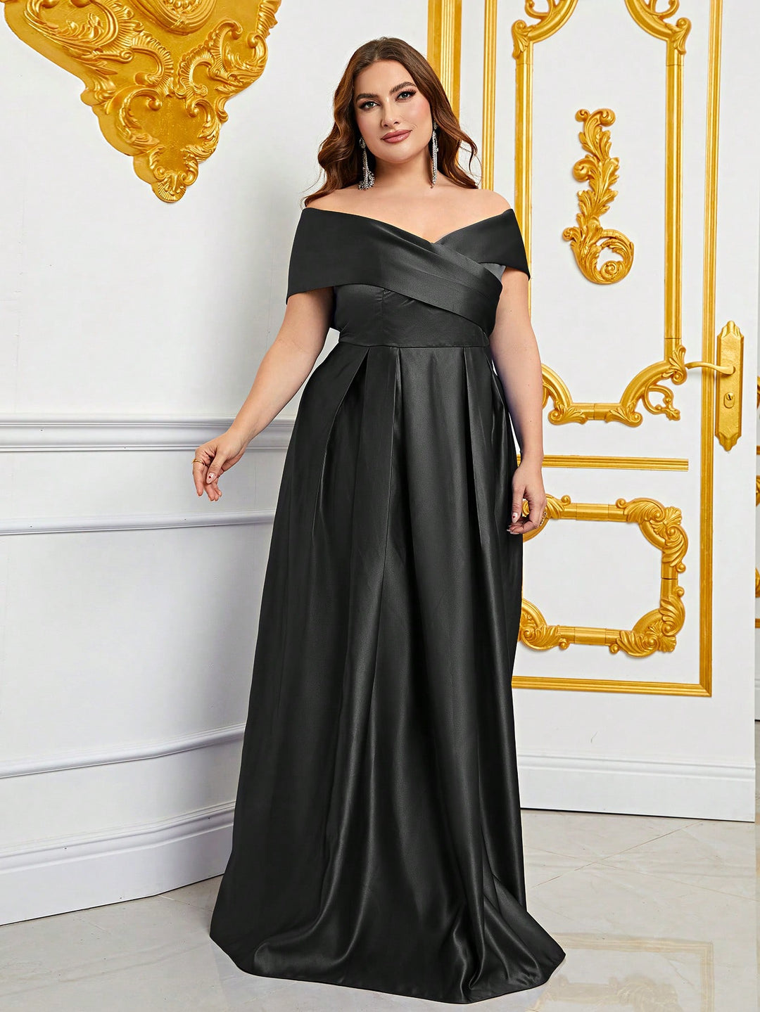 Plus Elegant Off Shoulder Satin A Line Gown