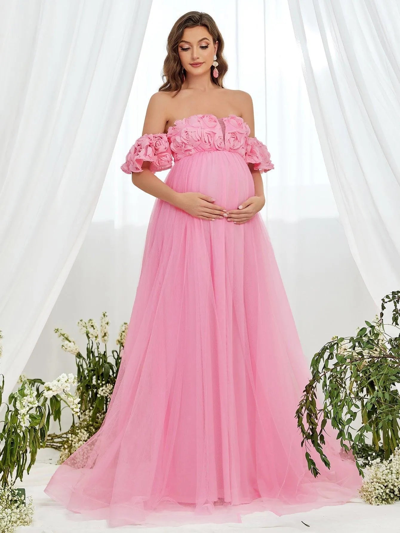 Maternity Flower Applique Off Shoulder Mesh A Line Dress