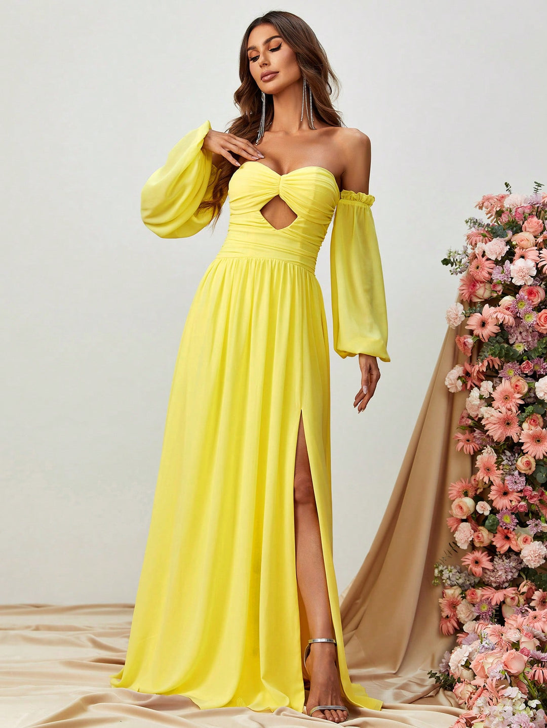 Elegant Off Shoulder Cut Out Ruched Split Thigh A Line Dress