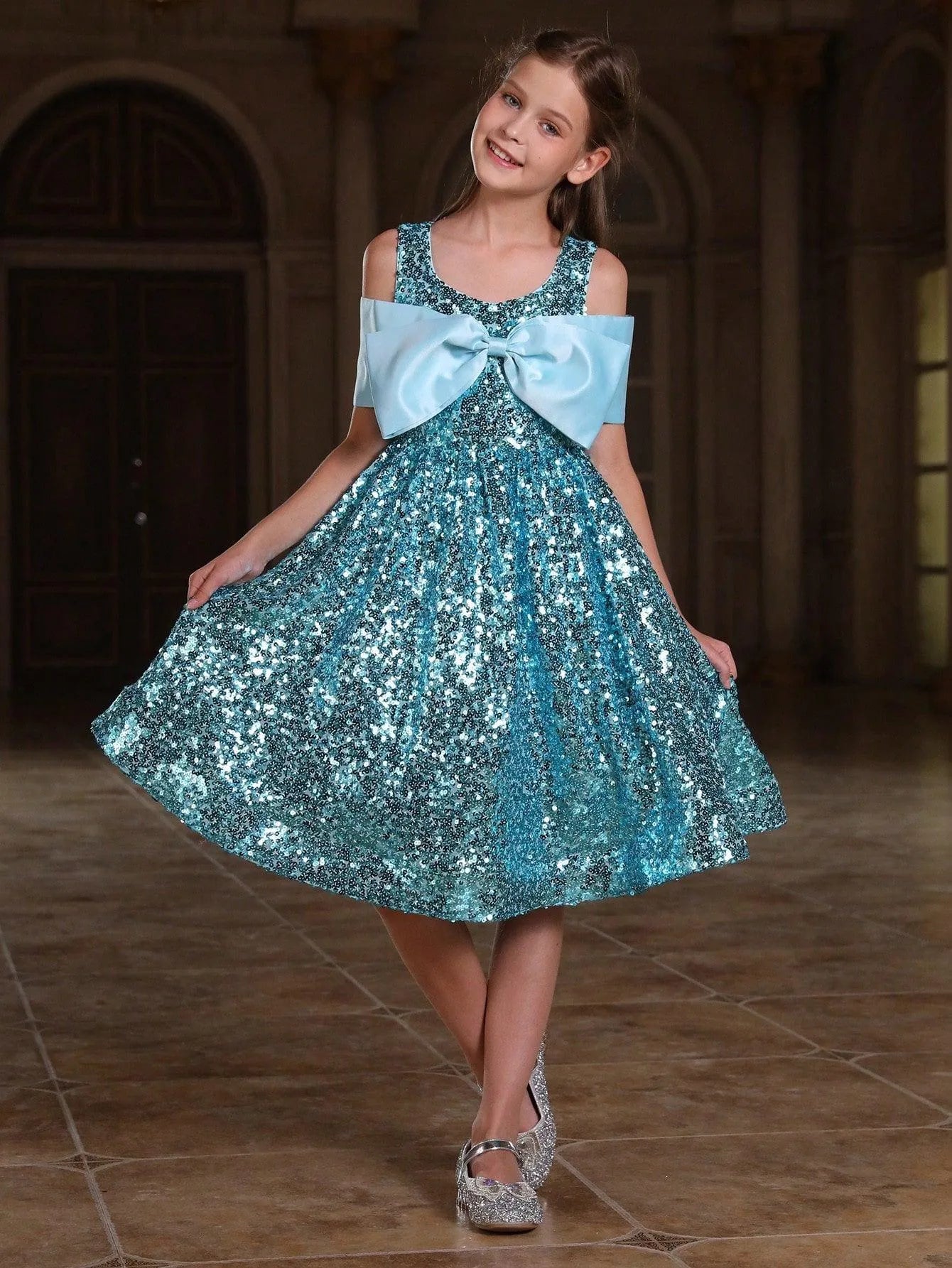 Tween Girls' Bow Detail Sequin Party Dress