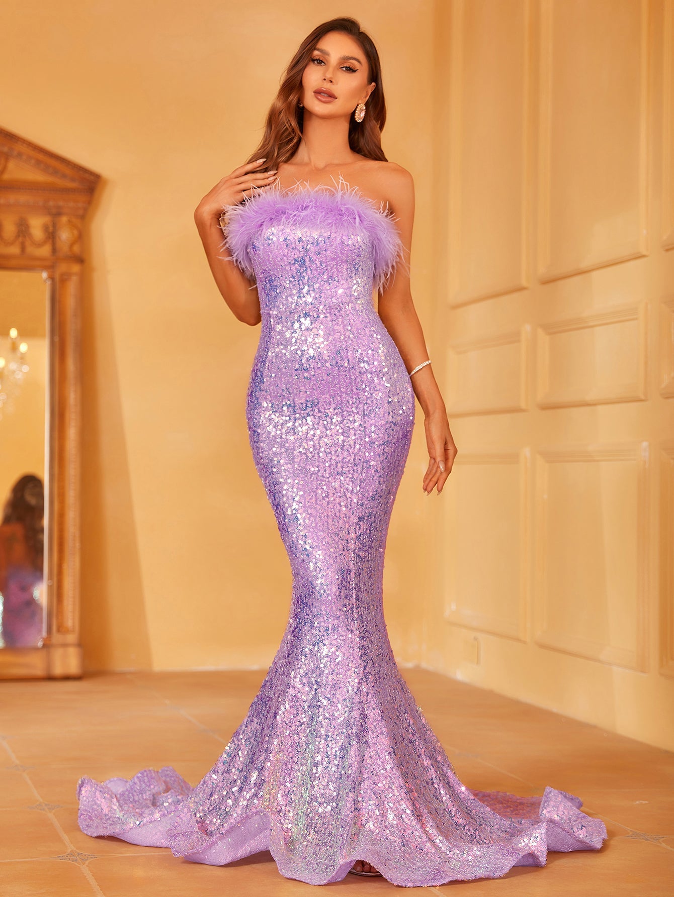 Feather Decor Sequin Mermaid Hem Tube Dress