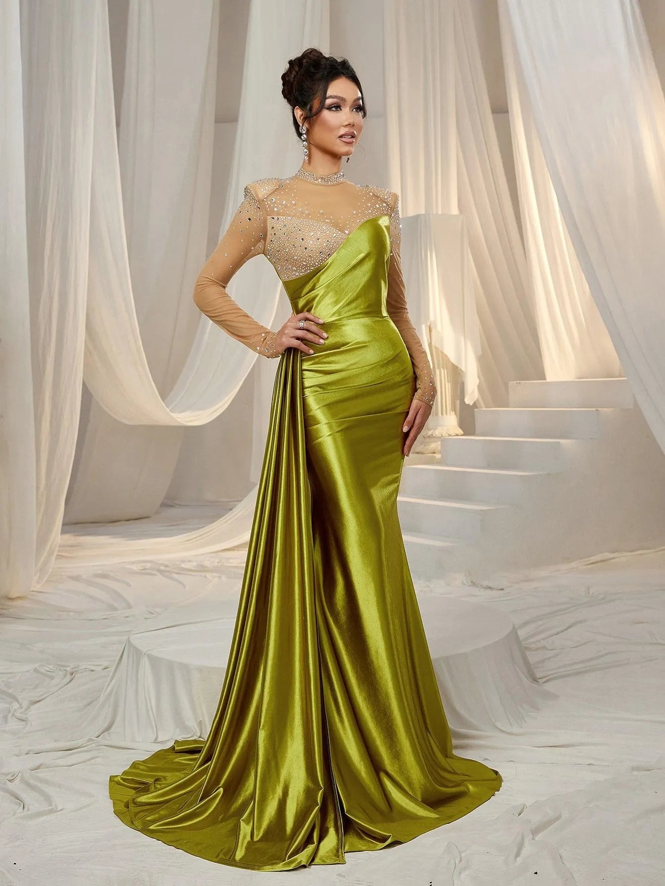 Rhinestone Detail Mock Neck Satin Mermaid Prom Dress