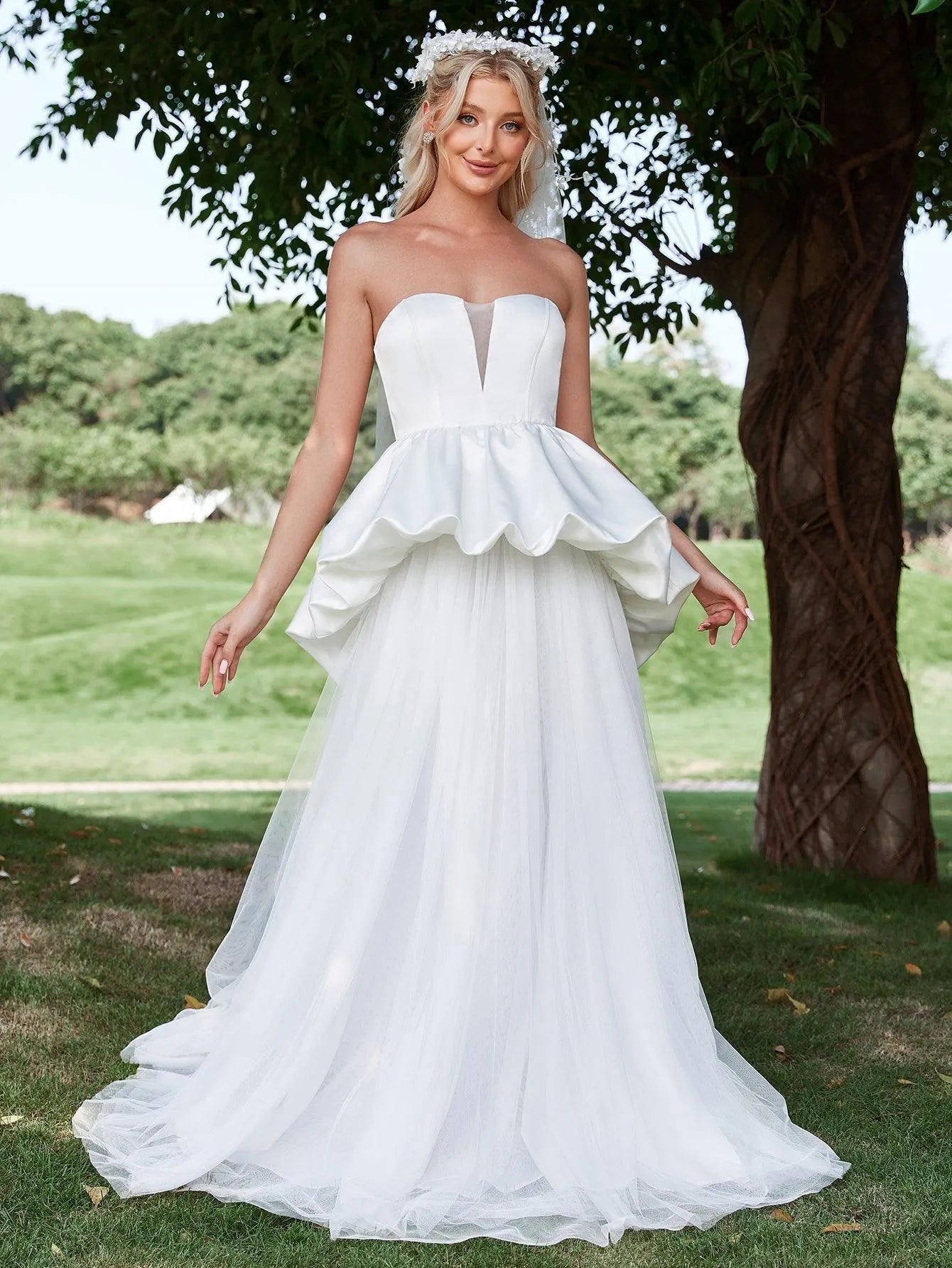 Ruffle Trim Mesh Overlay Satin Tube Wedding Dress