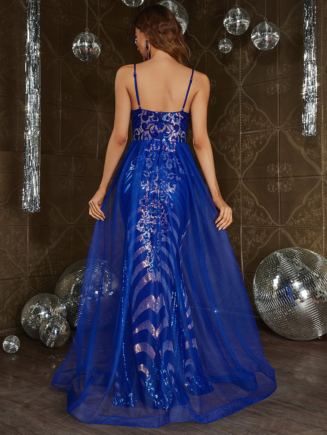 Spaghetti Strap Sequin Mermaid Dresses Mesh Layer On Waist