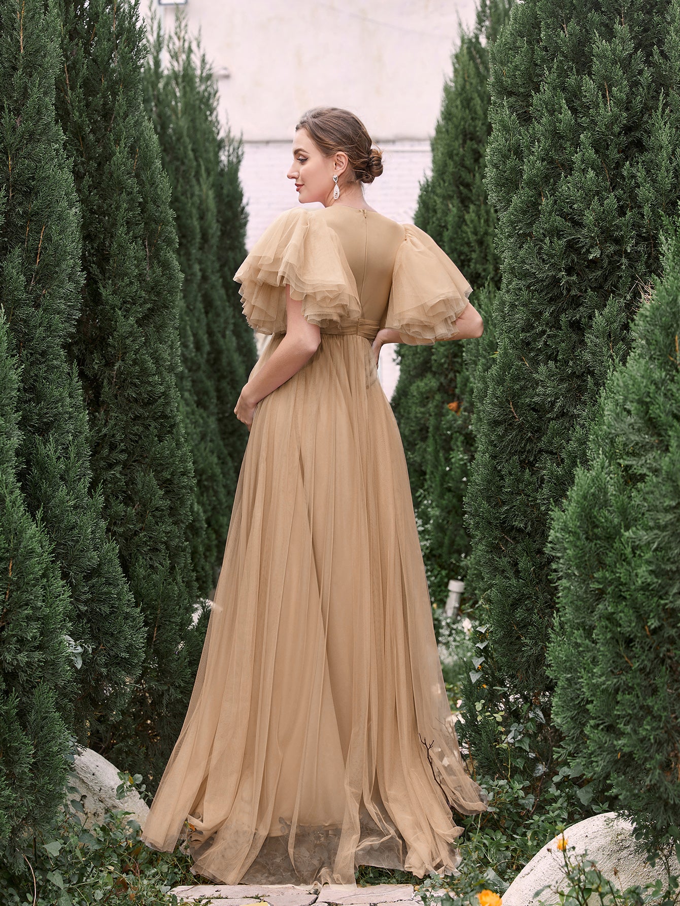 Maternity V Neck Layered Ruffle Sleeves Split Prom Dress