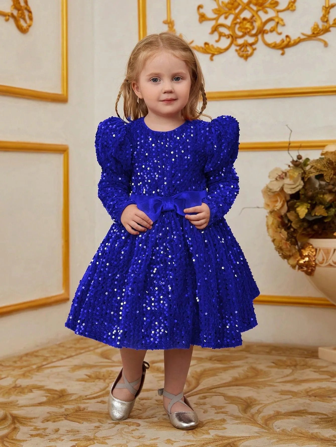 Young Girls' Gigot Sleeve Bow Decor Sequin Midi Dress