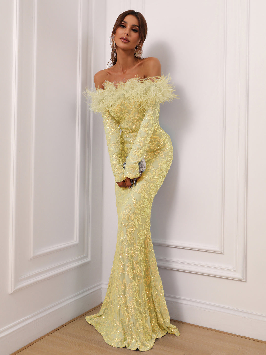 Evening Gown Long Sleeve Prom Dress With Feathers