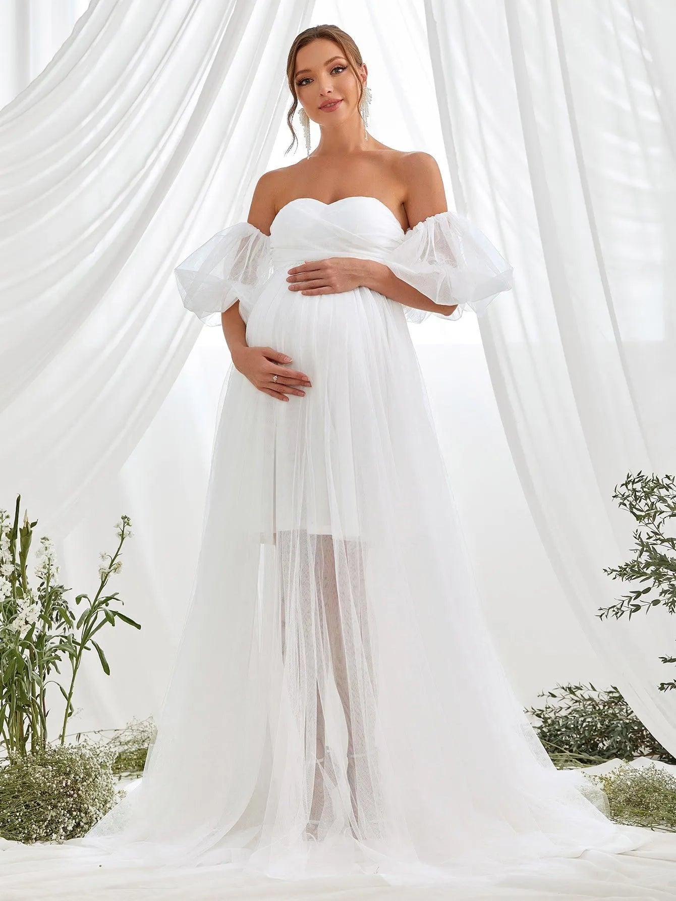 Maternity Off Shoulder Puff Sleeve Mesh Overlay Dress