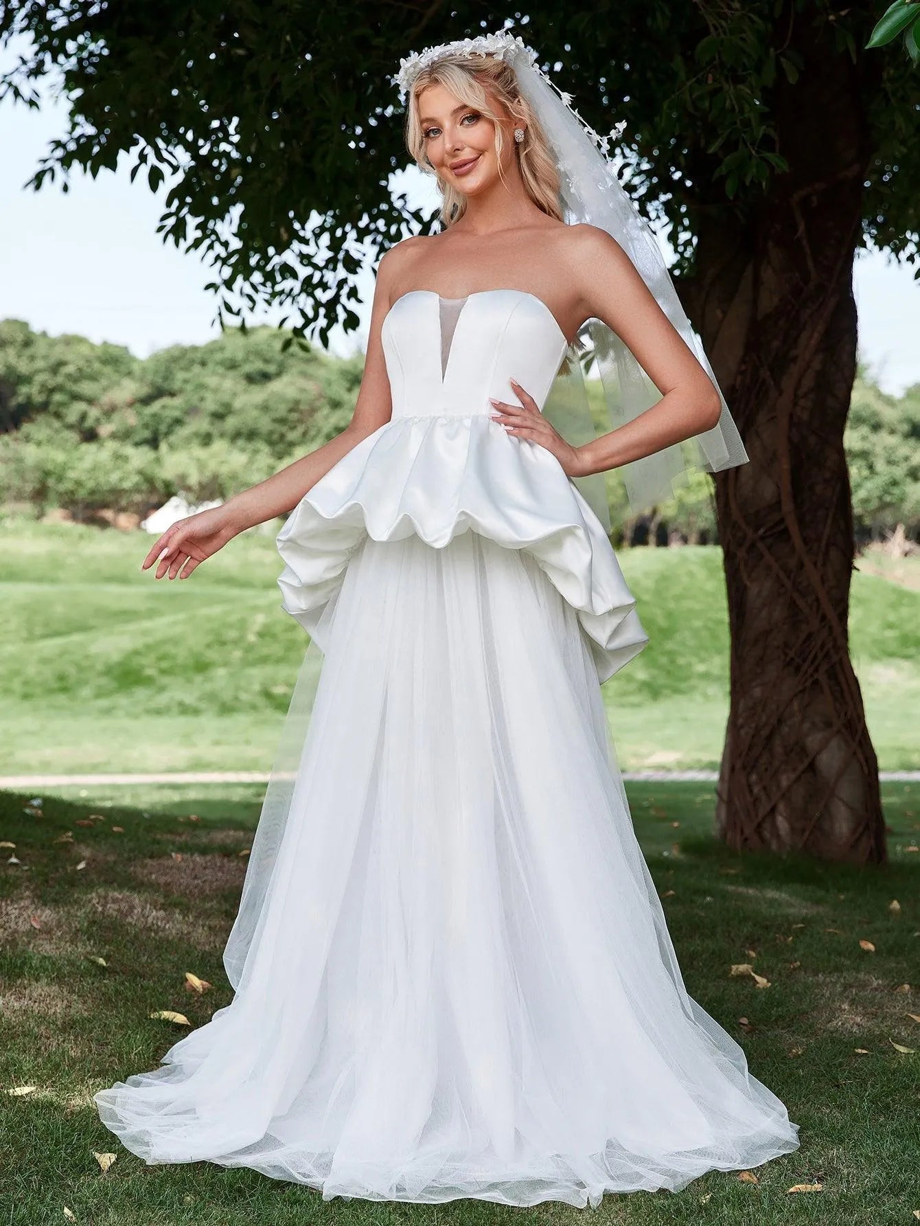 Ruffle Trim Mesh Overlay Satin Tube Wedding Dress