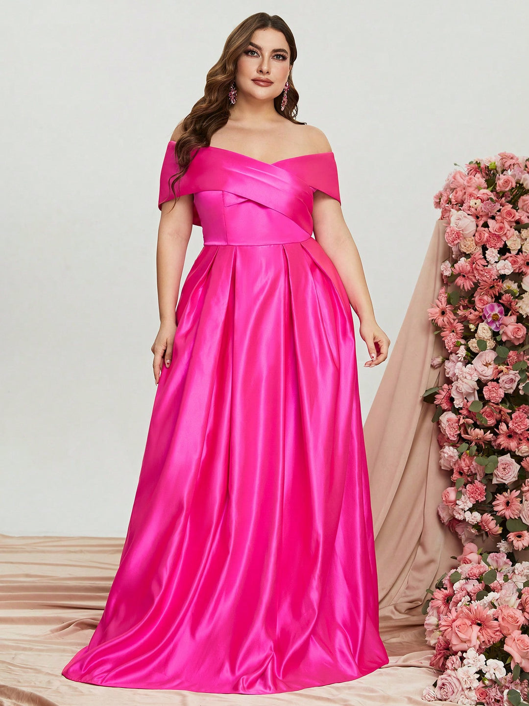 Plus Elegant Off Shoulder Satin A Line Gown