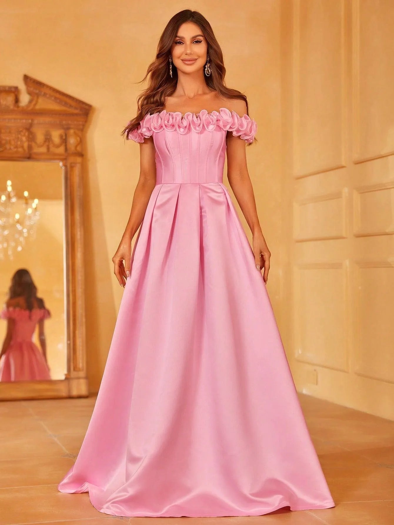 Off Shoulder Ruffle Trim Satin Prom Dress