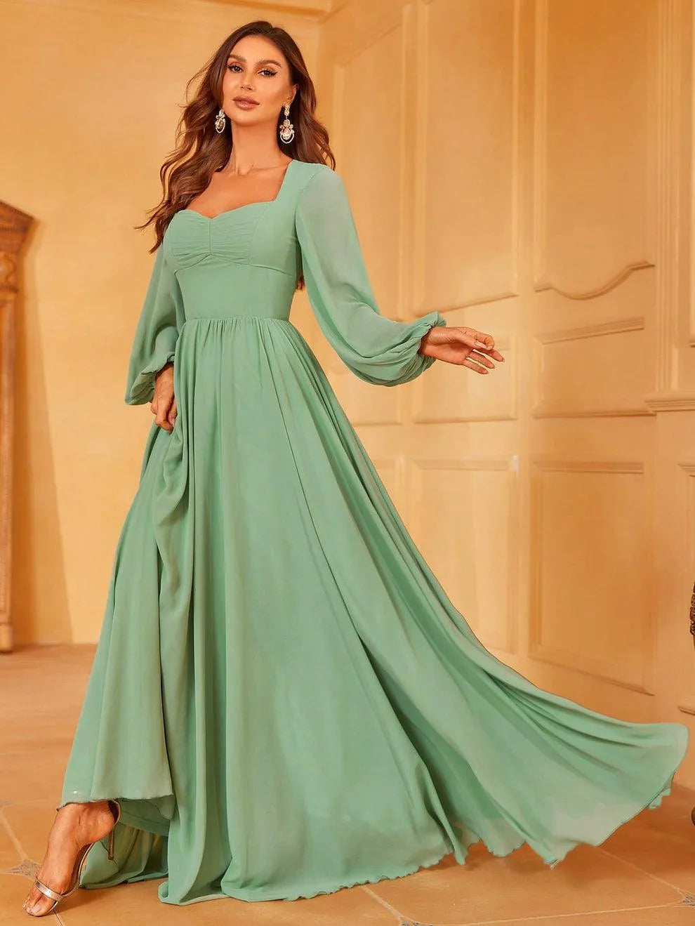 Solid Lantern Sleeves Chiffon A Line Dress