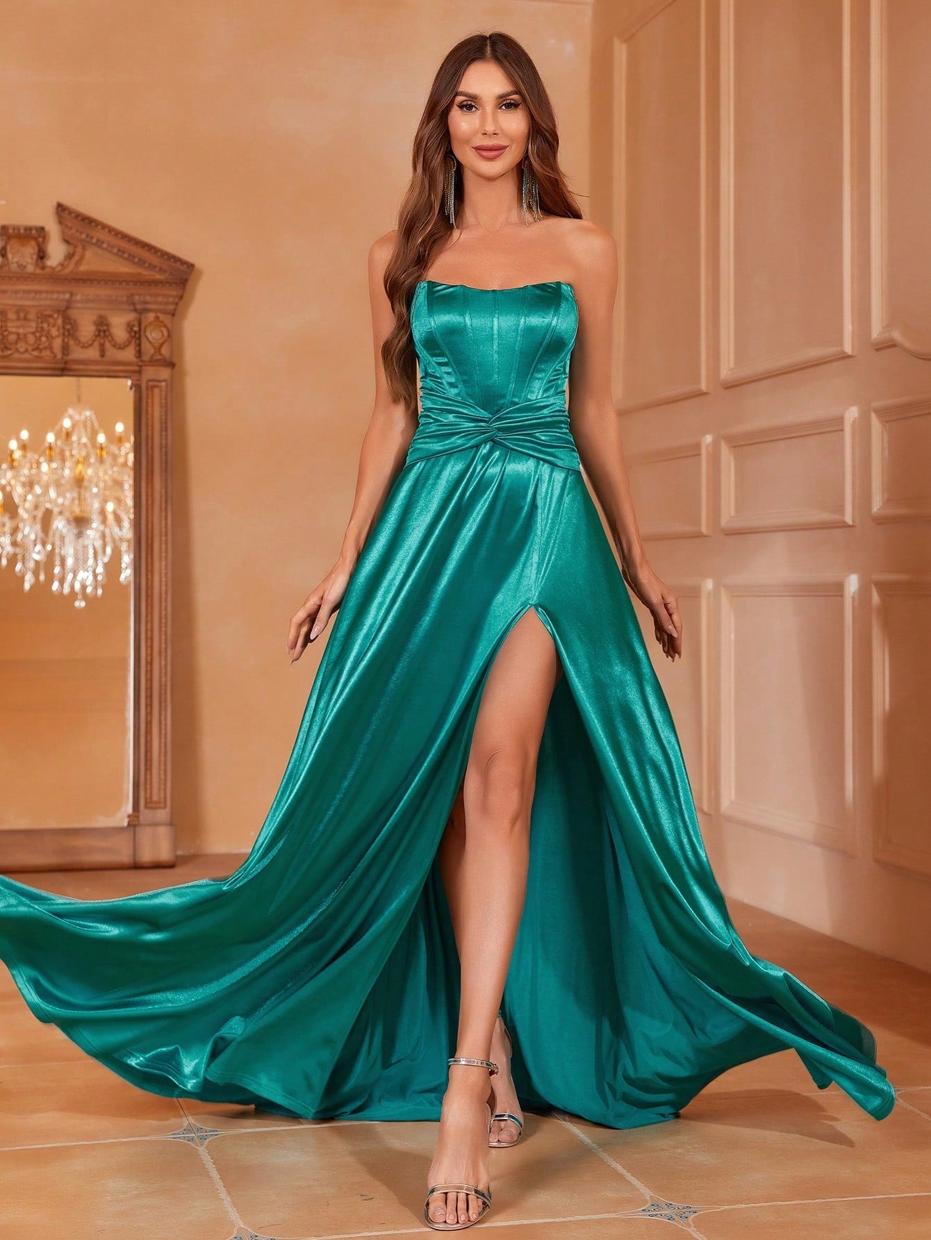 Twist Front Split Thigh Satin Tube Formal Dress