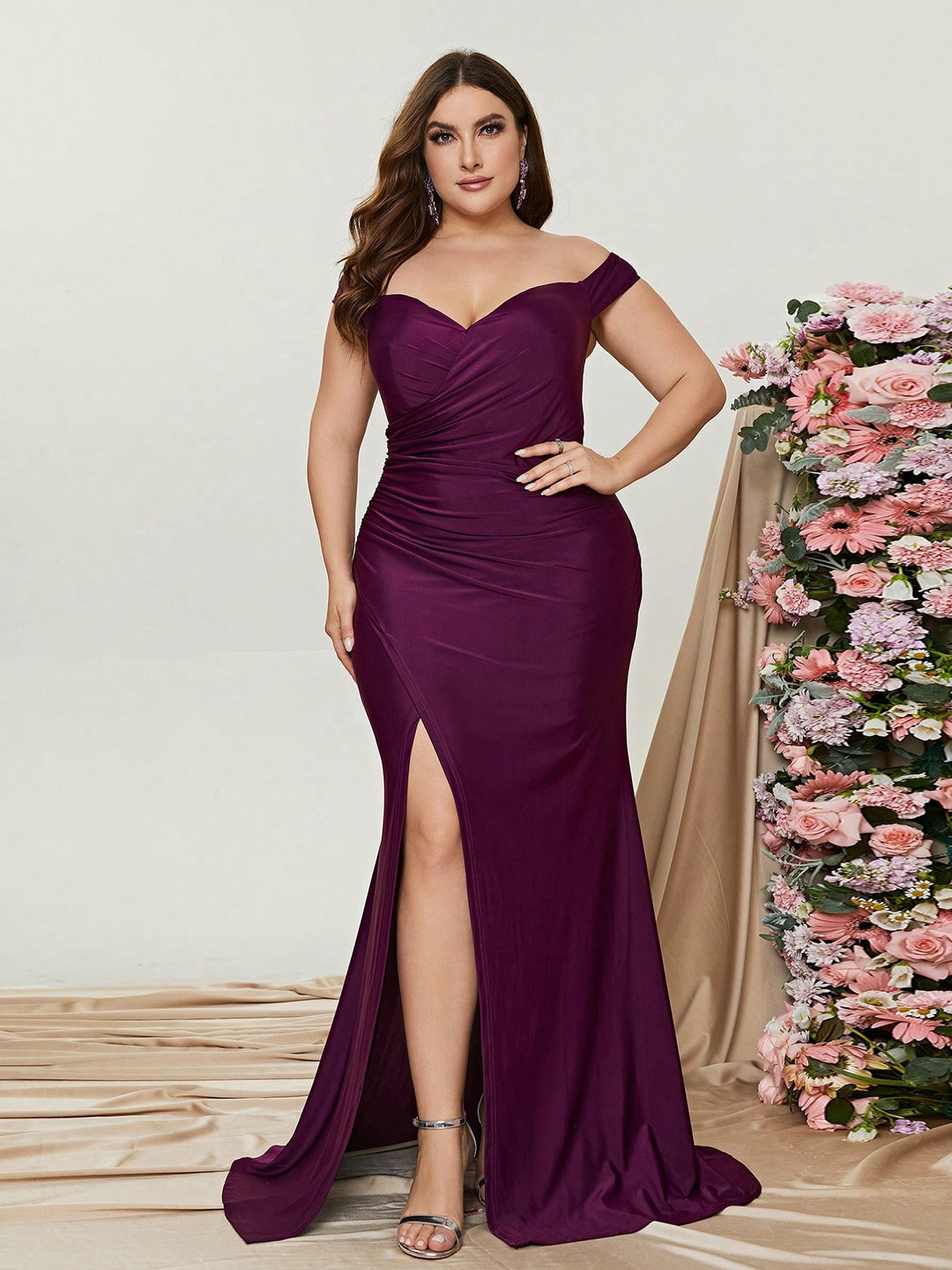 Plus Off Shoulder Ruched Wrap Hem Slit Gown