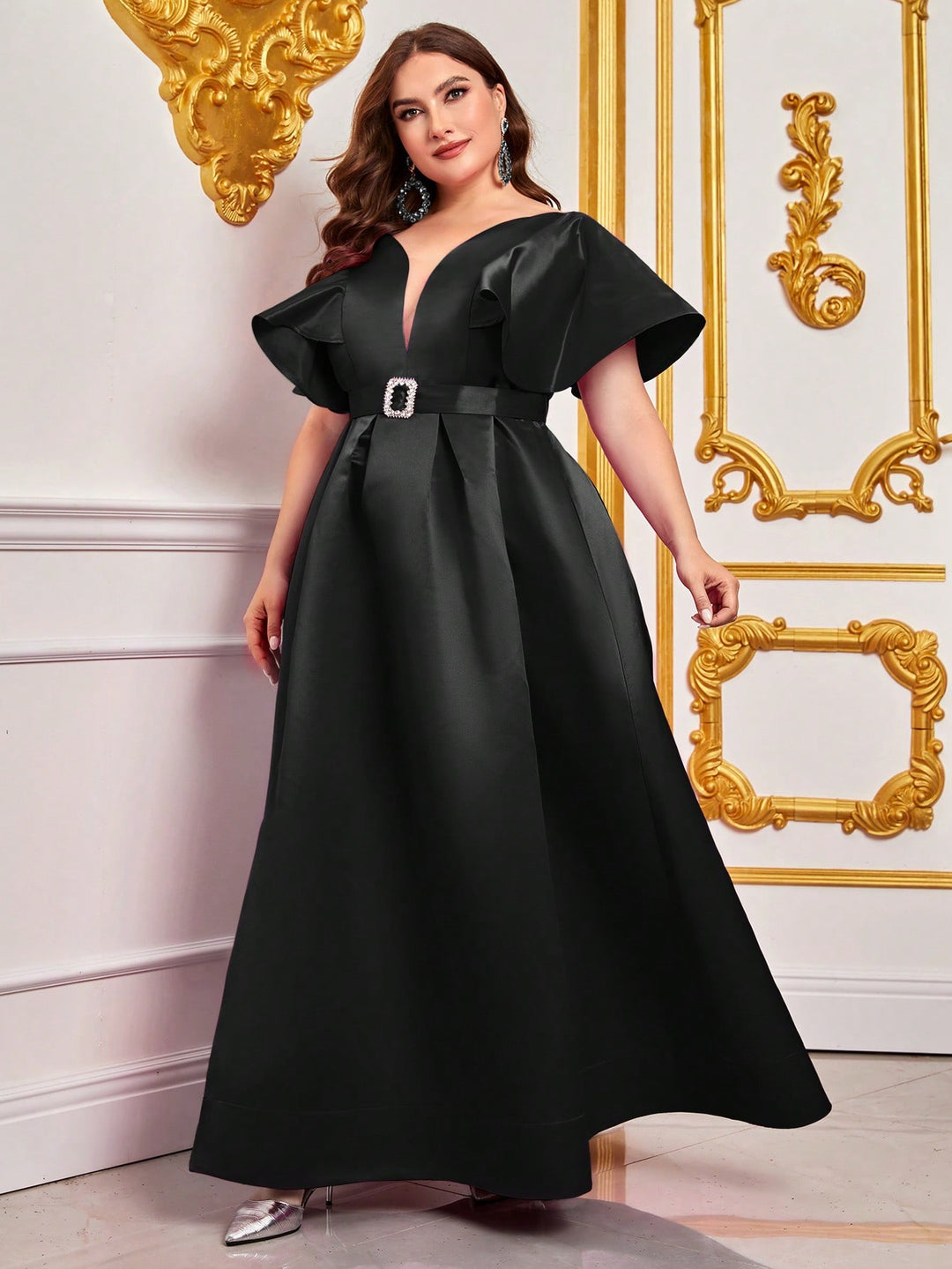 Plus Rhinestone Detail Belted Ruffle Sleeve Satin Dress