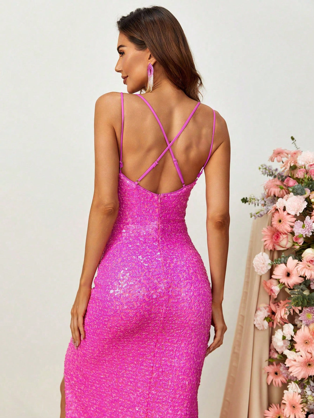 Spaghetti Strap Backless Split Thigh Sequin Dresses