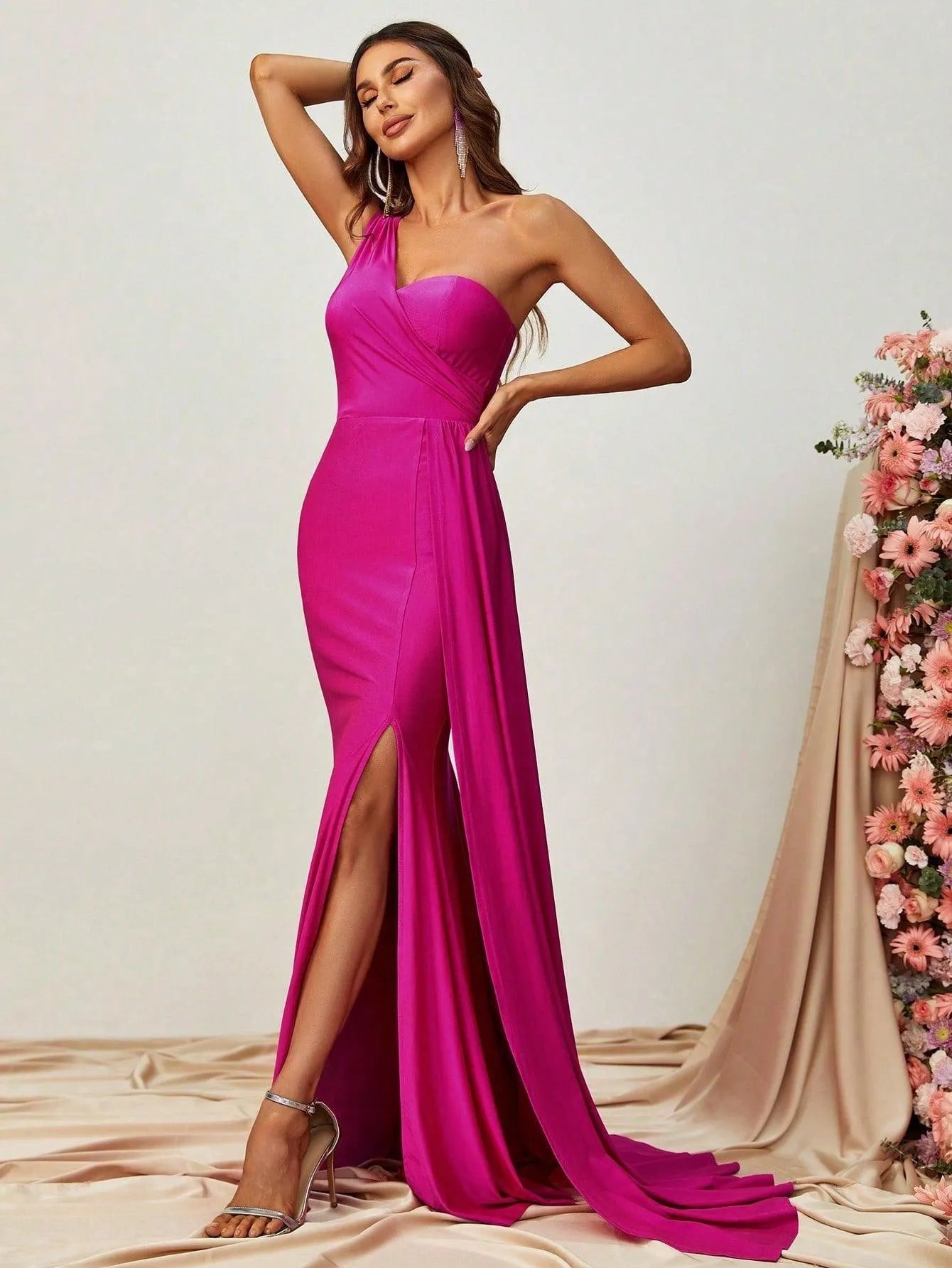 One Shoulder Draped Side Split Thigh Formal Dress