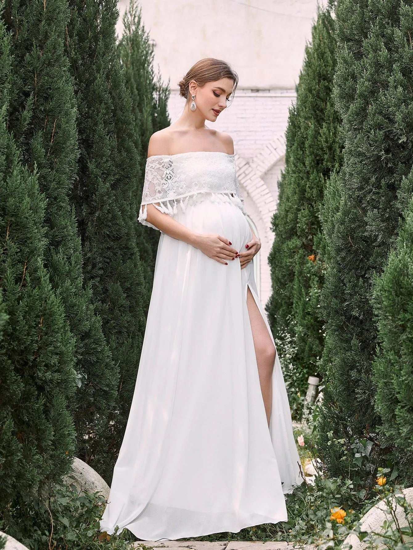 Maternity Off Shoulder Fringed Trim Chiffon Formal Dress