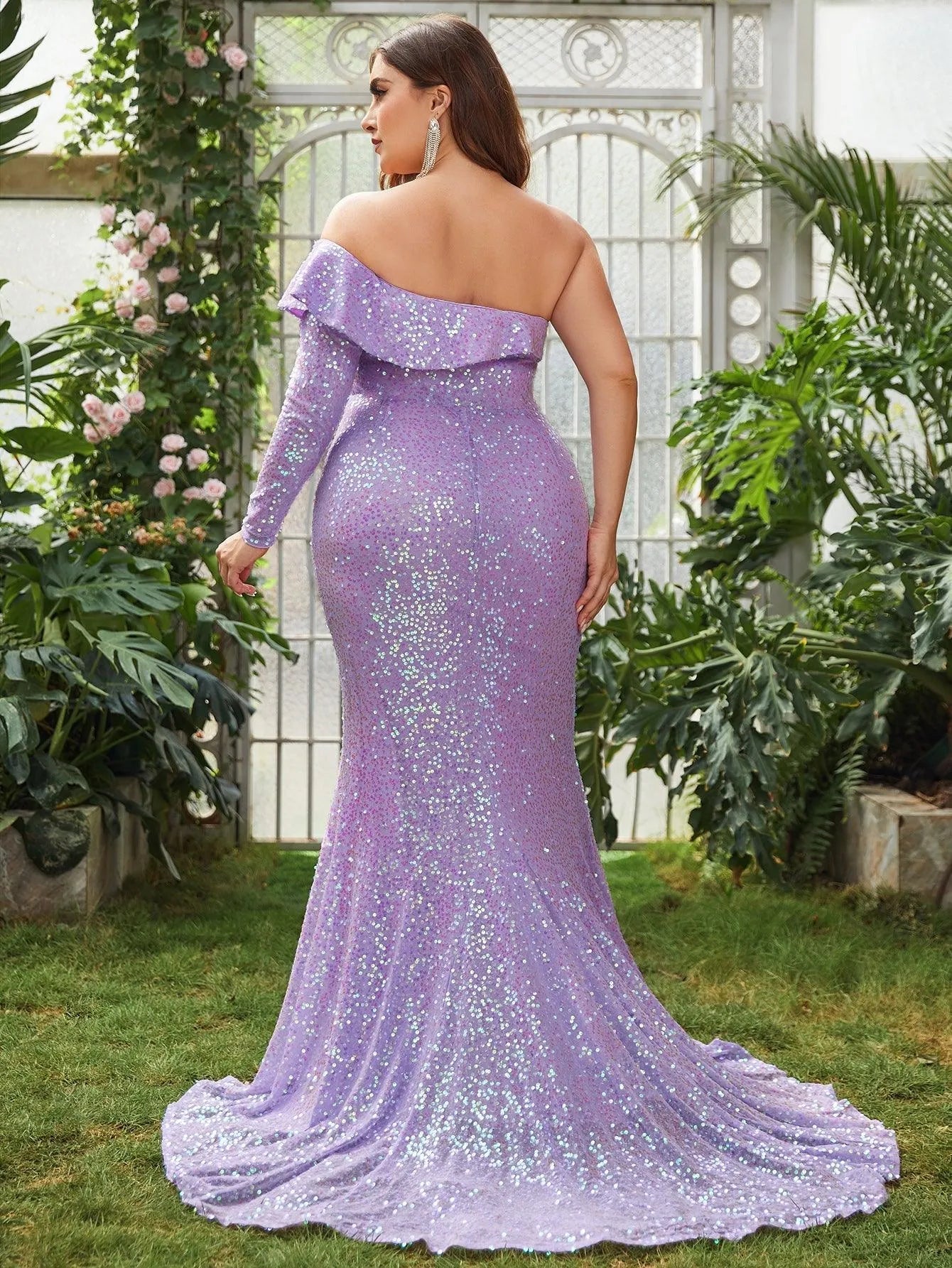 Plus Sequin Asymmetrical Neck Split Mermaid Dress