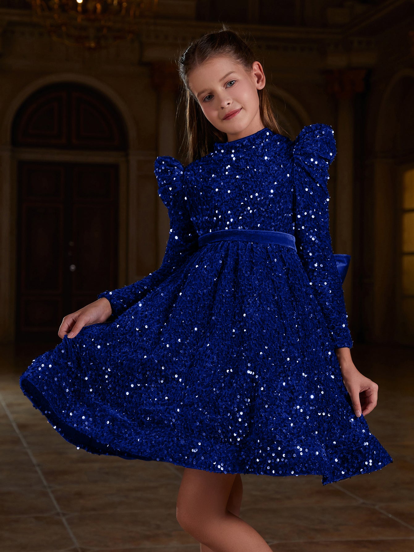 Tween Girls' Mock Neck Gigot Sleeve Sequin A Line Dress